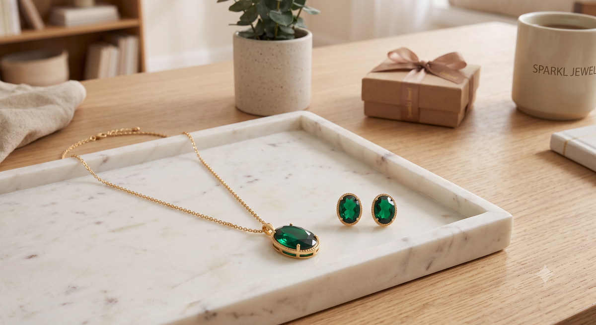 Gold Plated Necklace Earing Set for Women Stainless Steel Oval Green Crystal Pendant Necklace