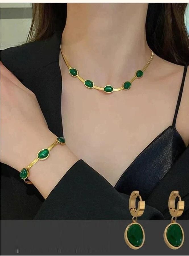 Oval Green Crystal Pendant Necklace Set With Bracelet | Elegant Women Jewelry – SparkL Jewel