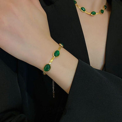 Oval Green Crystal Pendant Necklace Set With Bracelet | Elegant Women Jewelry – SparkL Jewel
