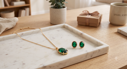 Gold Plated Necklace Earing Set for Women Stainless Steel Oval Green Crystal Pendant Necklace