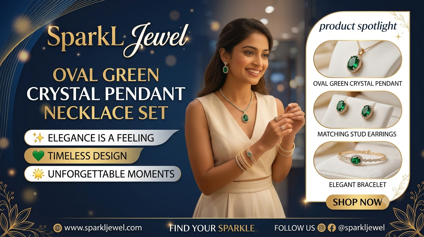 Romantic Style: Oval Green Crystal Pendant Set – A Spark of Timeless Love